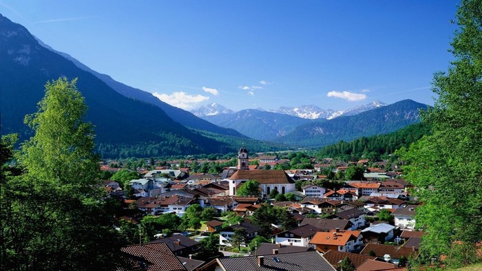 Bavarian town with mountains and church