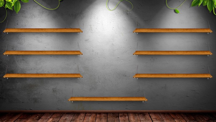 Wooden shelves on a textured wall