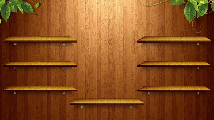 Wooden shelves on a wooden wall with leaves