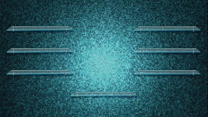 Glass shelves on a mosaic background
