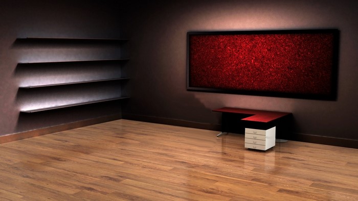 Modern Room with Shelves and Red Art