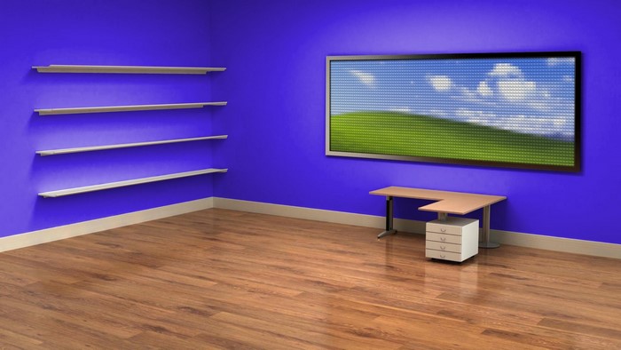 Modern Blue Room with Shelves and Desk