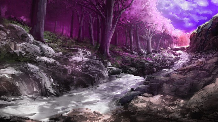 Digital art of a purple forest with a stream