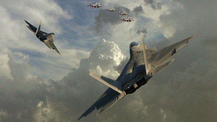 F-22 Raptor Squadron in Cloudy Sky