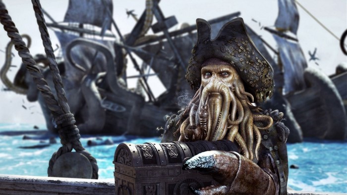 Davy Jones from Pirates of the Caribbean holding a chest