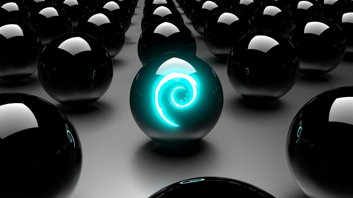Debian Logo on Glowing Sphere Among Black Marbles
