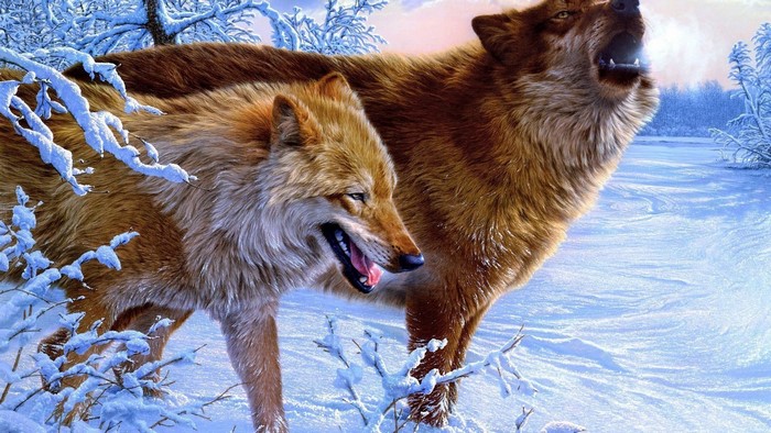 Two wolves howling in a snowy forest