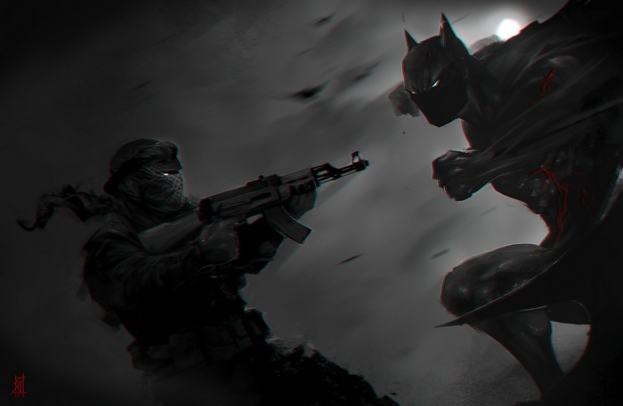 Batman fighting a terrorist with an AK-47