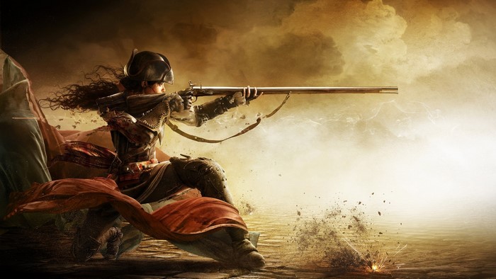 Aveline from Assassin's Creed Liberation firing a musket