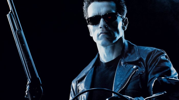 Arnold Schwarzenegger as The Terminator with a shotgun