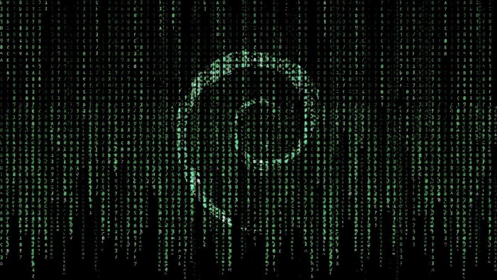 Debian logo in Matrix digital rain