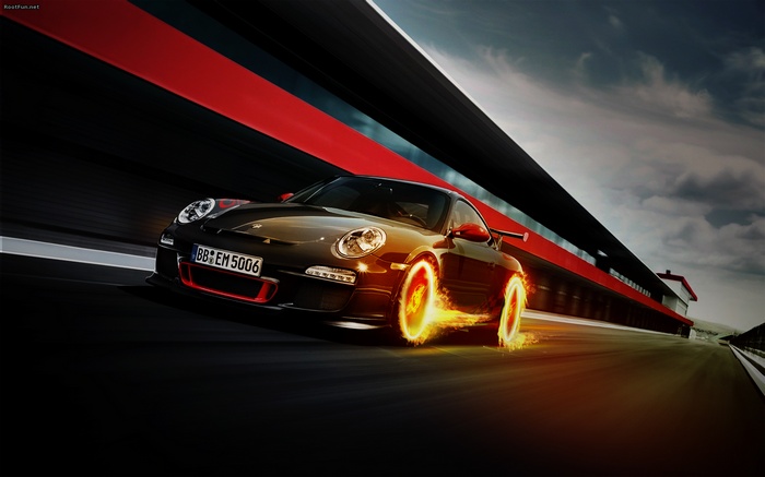 Porsche 911 GT3 RS with flaming wheels on track