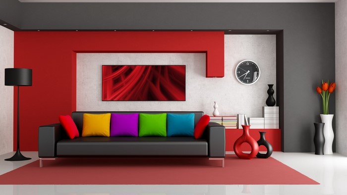 Modern Living Room with Black Sofa and Colorful Pillows