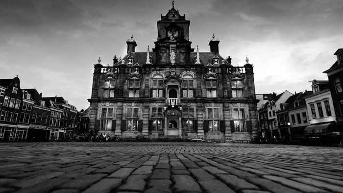 Black and white architecture of a grand building