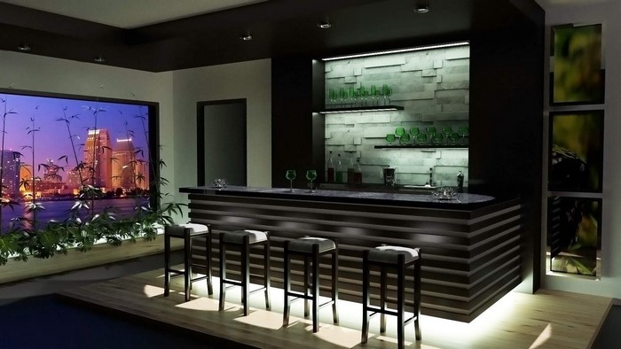 Modern bar interior with city view and stools