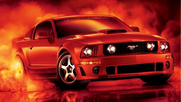 Red Ford Mustang with flames