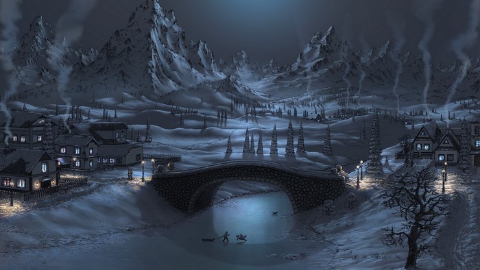 Winter village with snow-covered mountains and a bridge