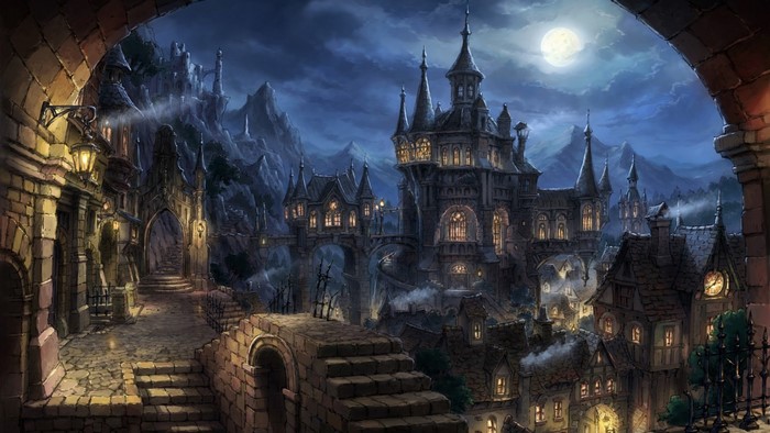 Gothic castle town at night with full moon
