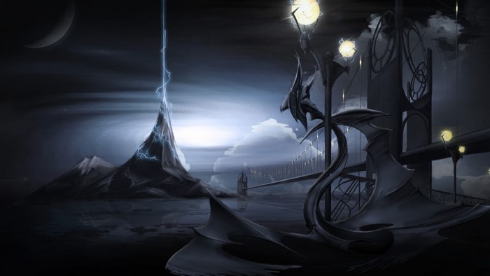 Fantasy landscape with lightning tower and futuristic structures