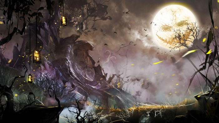 Halloween moon over a spooky forest with lanterns