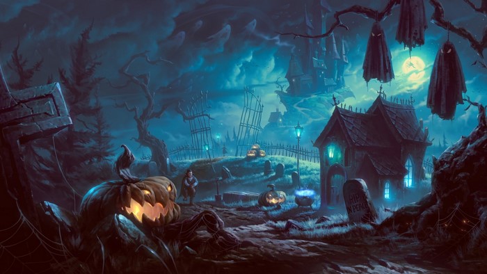 Halloween graveyard with haunted house and castle