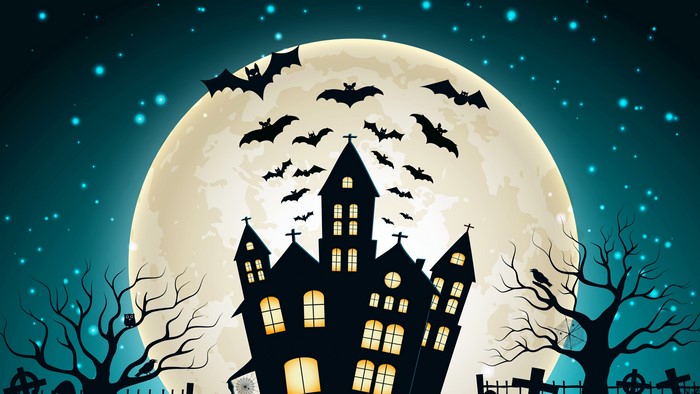 4K Halloween Haunted House with Bats and Moon