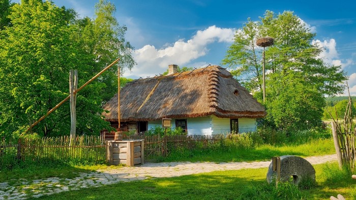 Thatched roof cottage with well and stork nest
