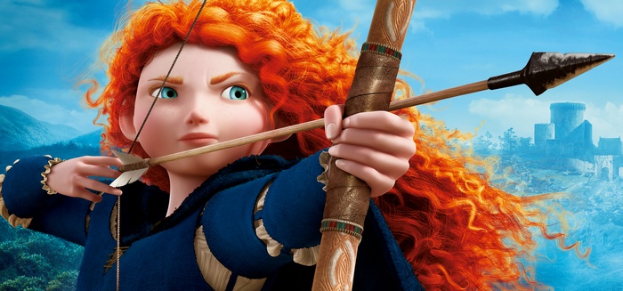 Princess Merida from Brave aiming a bow and arrow