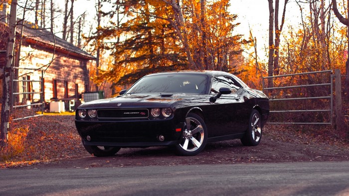 Black Dodge Challenger parked near a wooden house in autumn