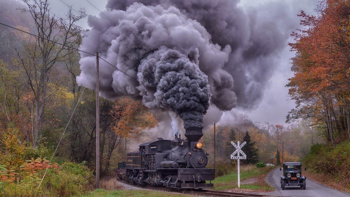 Steam Train and Vintage Car in Autumn