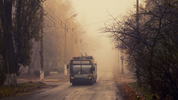 Trolleybus in Lviv on a foggy day