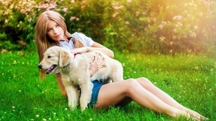 Young woman with golden retriever puppy in a park
