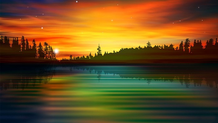Sunset over a forest lake