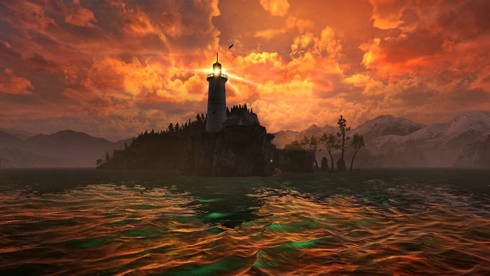4K Lighthouse on Rocky Island at Sunset