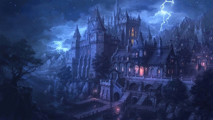 Fantasy castle on a cliff during a thunderstorm