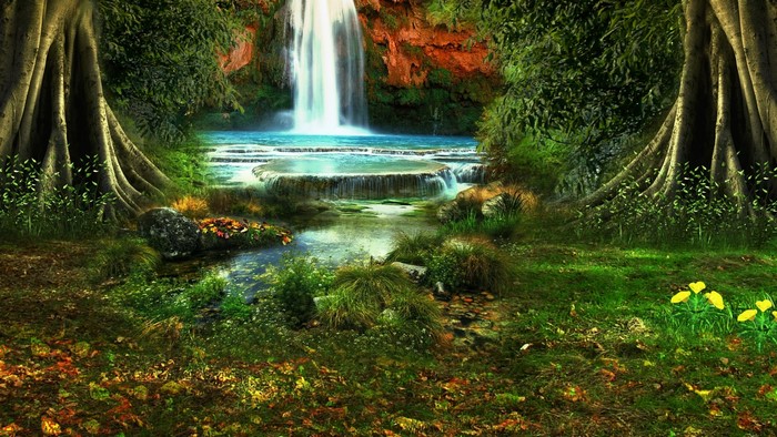 Waterfall in a lush forest with large trees