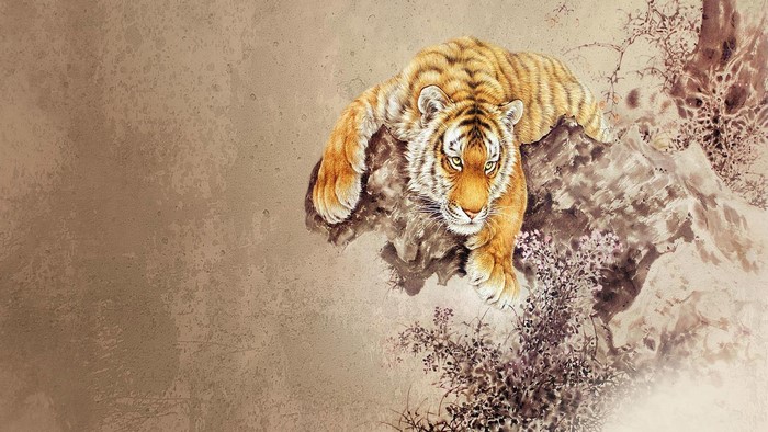 Tiger on a rocky outcrop with floral elements