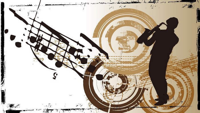 Jazz musician playing saxophone with musical notes and abstract circles