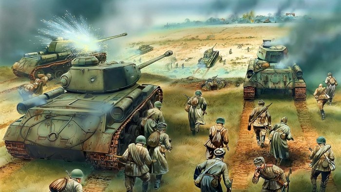 Animated Army War Scene with Tanks and Soldiers