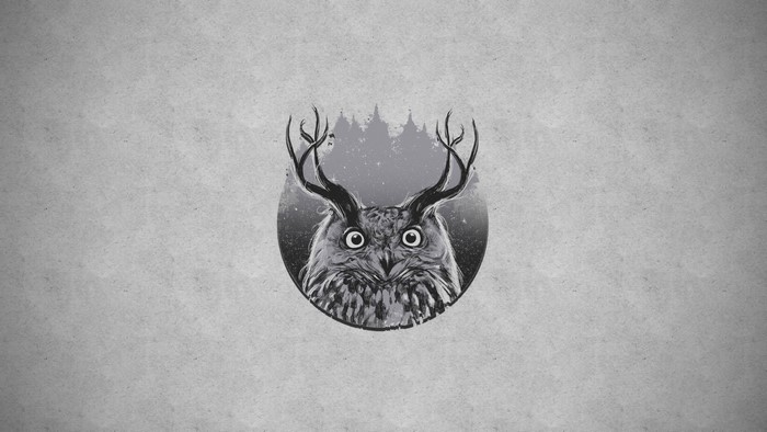 Horned Owl with Antlers and Forest Background