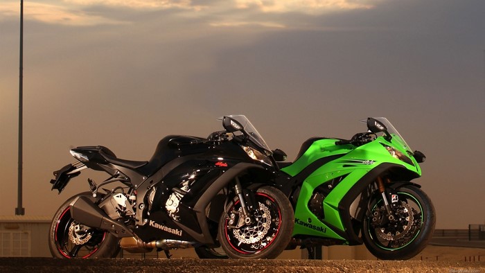 Two Kawasaki ZX-10R motorcycles, one black and one green