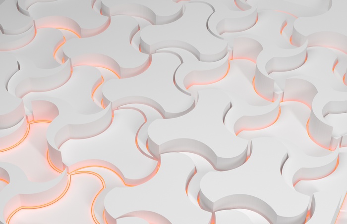 White geometric interlocking pattern with orange glow