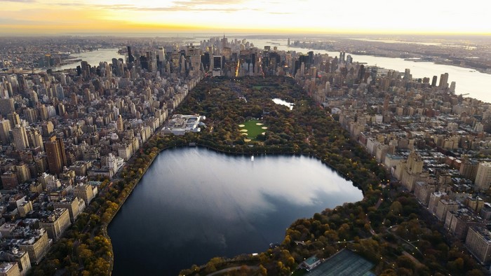 Aerial view of Central Park and New York City skyline