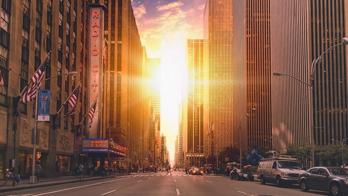 Radio City Music Hall in New York City at sunset