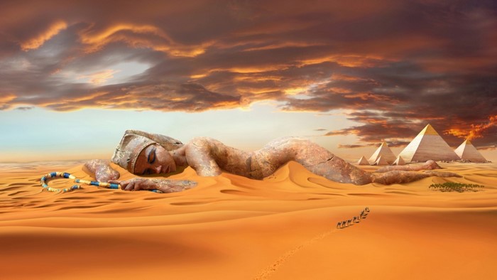 Ancient Egyptian Statue and Pyramids in Desert