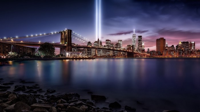 New York City Skyline with Brooklyn Bridge and Tribute in Light