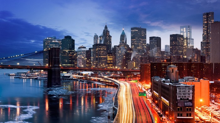 New York City Skyline and Brooklyn Bridge at Night