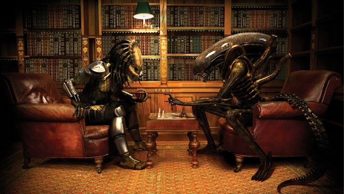 Alien and Predator playing chess in a library