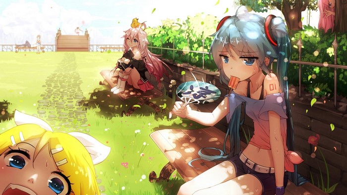 Hatsune Miku and friends in a sunny park