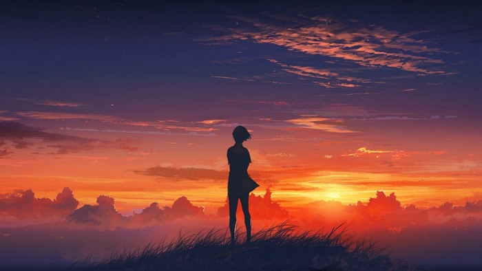 Anime girl silhouette on a hill at sunset